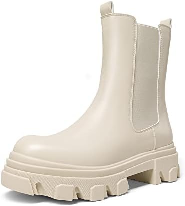 DREAM PAIRS Women's Platform Chelsea Boots Lug Sole Combat Mid Calf Slip On Chunky Ankle Booties