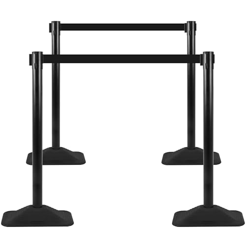 4 Pack Stanchions with Retractable Belts - Crowd Control Barriers with Weighted Rectangle Rubber Base, 10FT Retractable Belt Stanchions for Queue Line, Events, Public Safety(Black，4 Pack）