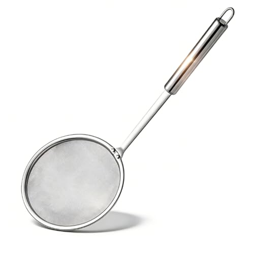 2PCS Stainless Steel Fat Skimmer Spoon, Fine Mesh Food Strainer for Grease, Gravy and Foam, Metal Flat Cooking Skimmer Ladle Colander with Handle Food Strainer Kitchen Tools(M)