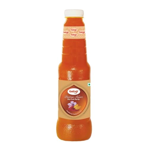 Image of Shree Guruji Badam Kesar Sharbat 1 Litre Milk Beverage Summer Drink Dry Fruit Syrup Instant Thandai Mix Badam Kesar Drink Cooling Sharbat for Milk Falooda Desserts Smoothies Mocktails