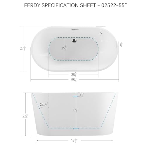 FerdY Shangri-La 55\" Acrylic Freestanding Bathtub, Classic Oval Shape Soaking Bathtub with Toe-Tap Chrome Drain and Classic Slotted Overflow Included, Modern White, cUPC Certified - Thumbnail 2