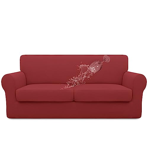 Image of Easy-Going Waterproof 3-Piece Oversized Loveseat Couch Covers for Sofa | 3-Piece Set Spandex Sofa Cover Slipcover Elastic Bottom Dog Pet Friendly Christmas Red