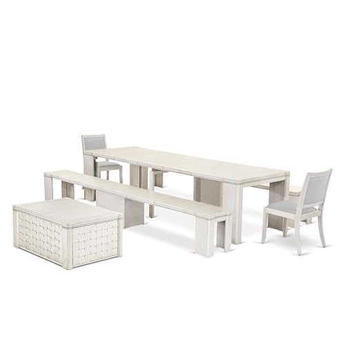 Image of X02X2-2CW-27 6-Pc Dining Table Set contains an Extendable Kitchen Table, 1 Coffee Table, 2 Stackable Polyester Dining Chairs and 2 Benches, 39x120 Inch, Antique White