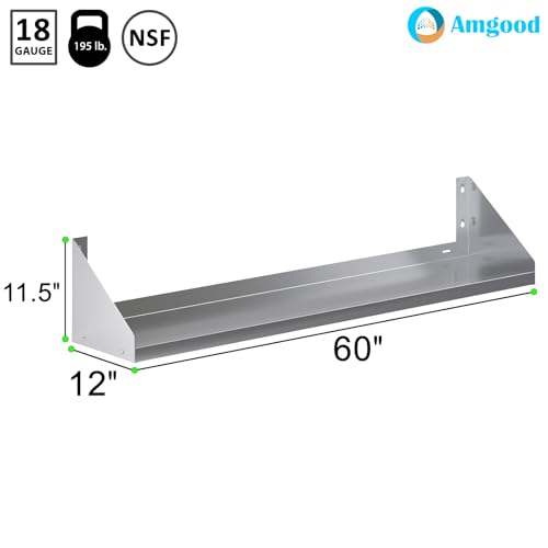 Image of AmGood Stainless Steel Wall Shelf with Side Guards (60 inch Long x 12 inch Deep)