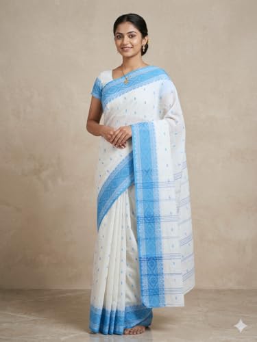 Image of eC ESHA'S COLLECTION Women's Traditional Pure Cotton Katki Tant Saree Without Blouse Piece