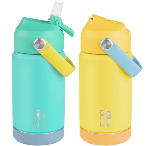 BOGI Kids Stainless Steel Water Bottle with Straw, 350ml Insulated Leak-Proof Water Bottle for School - 2Pack in Mint and Yellow