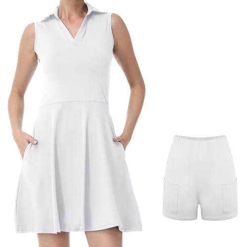 Bezioner Tenniskleid Damen mit Shorts A-Linie Sportkleid Frauen Ärmellos Golfkleid Damen mit 4 Taschen Tennis Outfit Weiß L