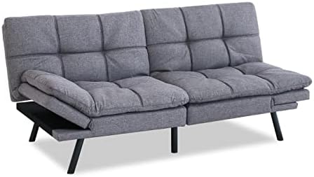 Opoiar Futon Sofa Bed Grey Fabric Memory Foam Leather Futon Split Seat,Modern Sleeper Sofa Love Seat，Folding Modern Sleeper Sofa for Small Space/Drom/Office/Apartment