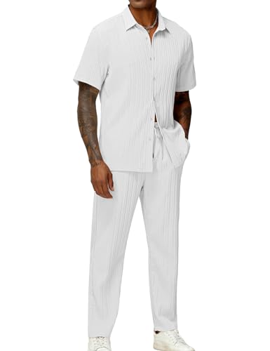 LecGee Men's 2 Piece Vertical Striped Textured Outfits Summer Casual Button Down Shirts And Pants Matching Sets