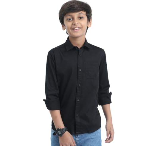 Image of Red Nine Rocket Science Boys' Solid Satin-Finish Poly Cotton Shirt | Single Pocket, Spread Collar, Long Sleeve, Casual
