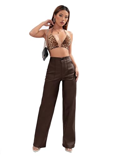 Lover Premium Faux Leather Pants High Waist Coated PU Button Straight Leather Black Leggings Wide Leg Pants with Pockets (US, Alpha, Large, Regular, Regular, Chocolate) - Thumbnail 6
