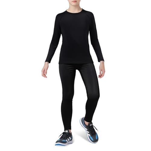 Sahunfri Kids Thermal Base Layer Set Boys Thermal Underwear Breathable Sports Fleece Warm Baselayer Set (Regular-Black, L)