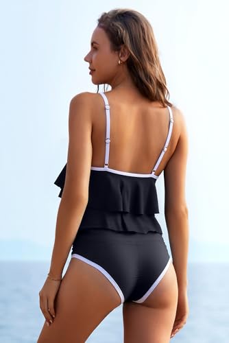 Image of Womens Tankini Swimsuits Ruffled Tank Top Tummy Control Floral Modest Swimwear High Waisted Bikini