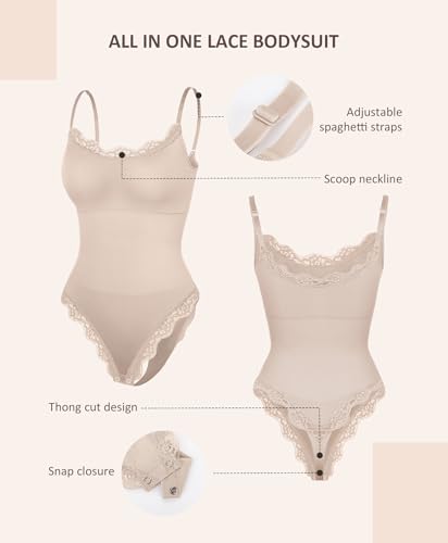 Image of FeelinGirl Lace Bodysuits for Women Shapewear Tummy Control Thong Cami Bodysuit Tops with Adjustable Spaghetti Straps