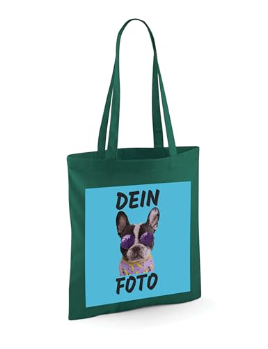 NIMAMA Tragetasche Jutebeutel Bedrucken Lassen - Mit Wunschfoto personalisiert - Einkaufstasche als Geschenk für Damen und Herren selbst gestalten - Flaschengrün