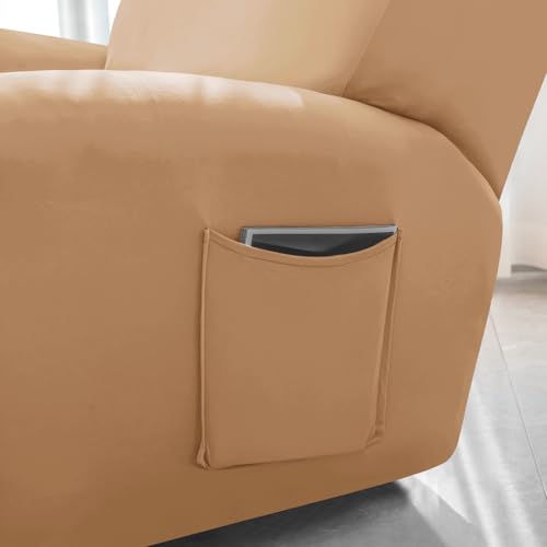 Image of HOKIPO 'SereneSolids' 140 GSM Recliner Stretch Sofa Slipcover 1 Seater Fully Covered 4-Piece Set Machine Washable Furniture Protector with Elasticity for Kids Pet, Camel (AR-4740-CML)