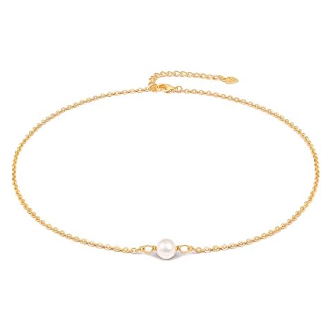 Aobei Pearl Single Cultured Pearl Choker 18K Gold Chain White Bead Necklace Layering Minimalist Jewelry for Women 15’’ Cover