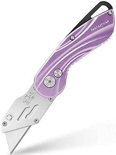 FantastiCAR Folding Box Cutter: Sturdy Metal Utility Knife with Extra Blades, Quick Change, and Premium Gift Packaging for Cardboard and Paper Cutting (Purple Line)