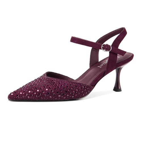 Migpuel Rhinestone Kitten Heels for Women Closed Pointed Toe Stiletto Heels Ankle Strap Buckle Prom Party Wedding Office Work Elegant Dress Pumps Shoes Burgundy_Suede,8.5