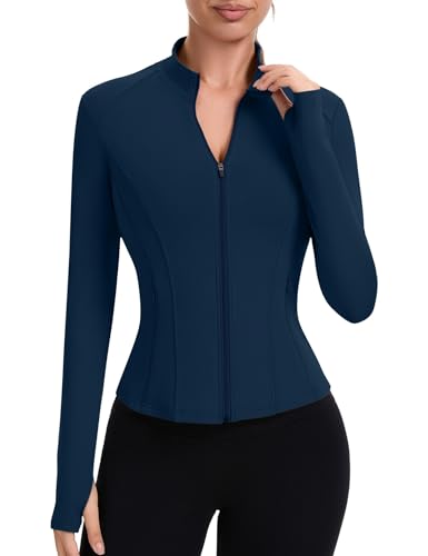 ZHENWEI Light Weight Jackets Womens Workout Zip Up Athletic Tops Long Sleeve Fitted Gym Active Clothes (Navy Blue, M)