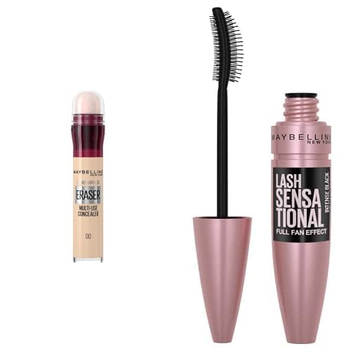 Maybelline New York Instant Anti Age Eraser Kapatıcı, 00 Ivory, 6.8 ml + Maybelline New York Lash Sensational Yelpaze Etkili Intense Black Maskara - Ekstra Siyah 1 Paket (1 x 9.5 ml)