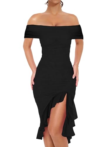 BORIFLORS Women's Sexy Off The Shoulder Bodycon Midi Dresses Elegant Ruched Ruffle Hem Cocktail Party Dress