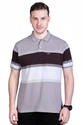 Image of GODFREY Striped Tshirt Shirts Men Cotton Polo T Shirt for Man with Pocket - Regular Fit Half Sleeve Collar T Shirts for Men