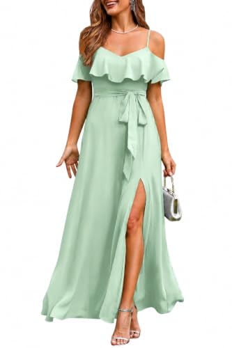 Sage Green Dress Bridesmaid Wedding Guest Prom Formal Mint Off the Shoulder Chiffon Split A-Line Long Dresses Women
