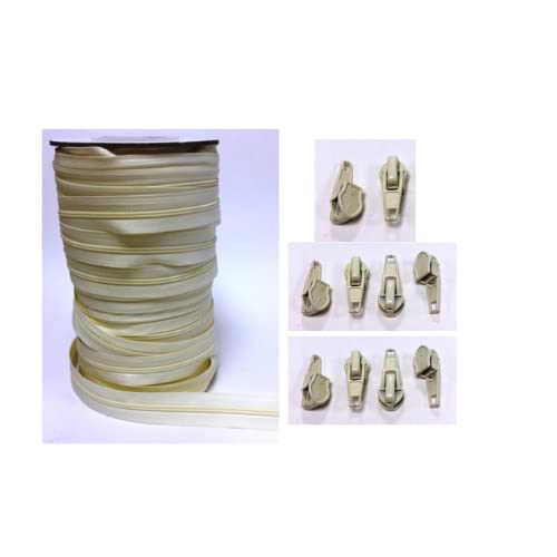 Continuous Zipping White - Black and Beige with Sliders Cushions Upholstery Nylon Coil Zipper Tape for Sewing Heavy Duty zips on roll Number 5 (Beige 25 Meter with 25 Sliders)