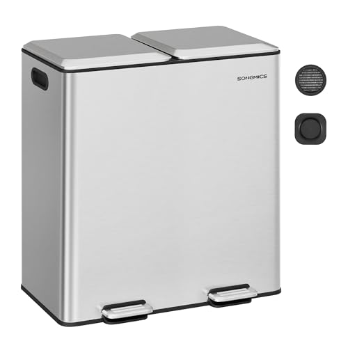 Image of SONGMICS Trash Can, 2 x 8 Gallon, Soft-Close Lids, Stainless Steel