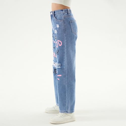Baggy Jeans for Girls Graphic Prints Ripped Wide Leg Pants Streetwear Adjustable Waist Cute Jeans for Girls Y2K 9-12Y4