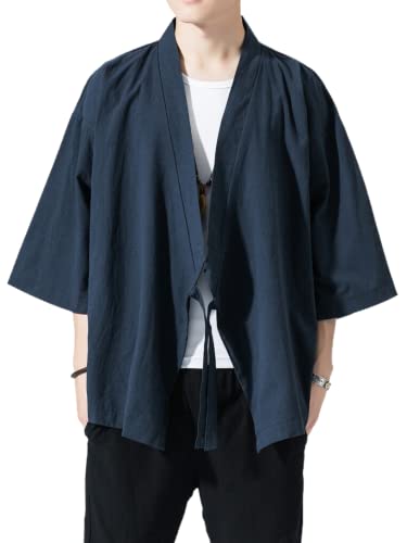 Men's Japanese Kimono Cardigan Loose Cotton Linen 3/4 Sleeve Open Front Casual Summer Shirt Jackets