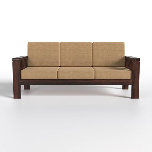 Image of 6 Seater Premium Sheesham Wood Sofa Set | Elegant Durable Walnut Finish | 3+2+1 Configuration | Living Room & Office | Soft Beige Cushions