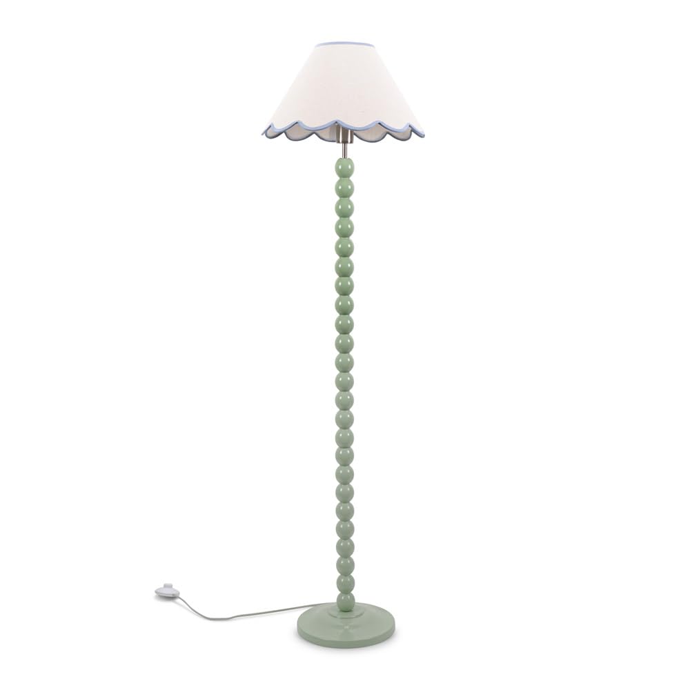 ValueLights Sage Green LED Floor Lamp - Bobbins Natural and Blue Scallop Shade