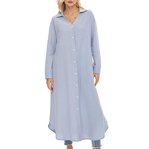 Anbenser Womens Linen Shirt Dress V Neck Long Sleeve Casual Button Maxi Dresses (Blue, Small)