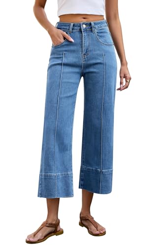 Allimy Womens Straight Leg Bootcut Flare Mom Baggy Wide Leg High Waisted Cropped Ankle Capri Jeans for Women Trendy 2026 Plus Size Stretch Denim Pants Blue US 12