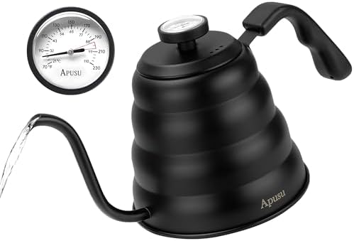 Black gooseneck pour-over kettle with a round dial thermometer in its lid and a dark handle