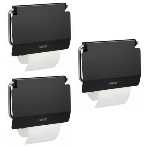 Image of Force Stainless Steel Toilet Paper Roll Holder | Wall-Mounted Bathroom Tissue Holder | Rust-Proof & Corrosion-Resistant | Space-Saving Durable Bathroom & Basin Accessory Black Pack 3