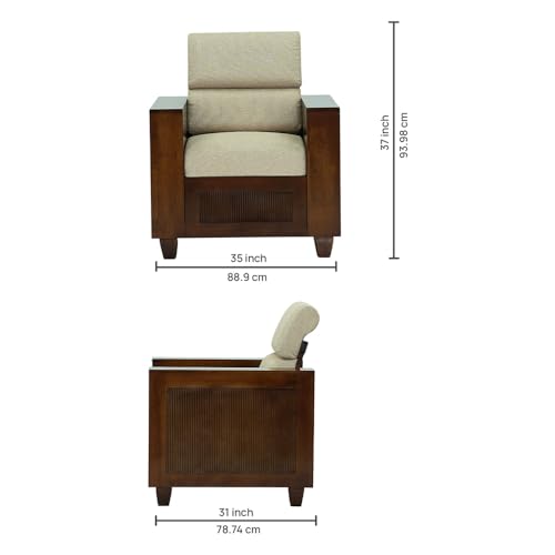 Image of Royaloak Mourya Wooden Single Seater Sofa with Beige Colour Cushion | Solid Wood | Fabric | Molded Cushions | Durable & Long Lasting | Emperor Collection