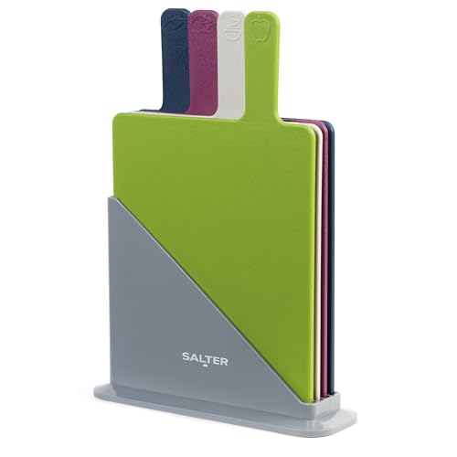 Salter Colour Coded Chopping Boards – Set Of 4, Reversible, Non-Slip Stand, Index Style Chopping Board Set, Paddle Handles, Food Preparation Indicators, Dishwasher Safe, Slim Organised Kitchen Storage