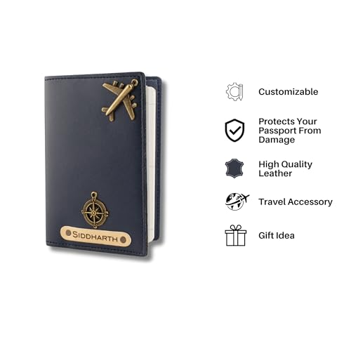 Image of AICA Personalised Name & Charm Leather Passport Cover Holder for Men & Women (NavyBlue) | Birthday Gifts for Men