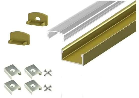 2 Metre Surface/Recessed Mounted Gold/Brass LED Profile P4-1 C/W Clips, End Caps & Clear Cover | Perfect for Bedroom, Stairs, Hallway, Kitchen, Cabinet (15mm x 7mm)