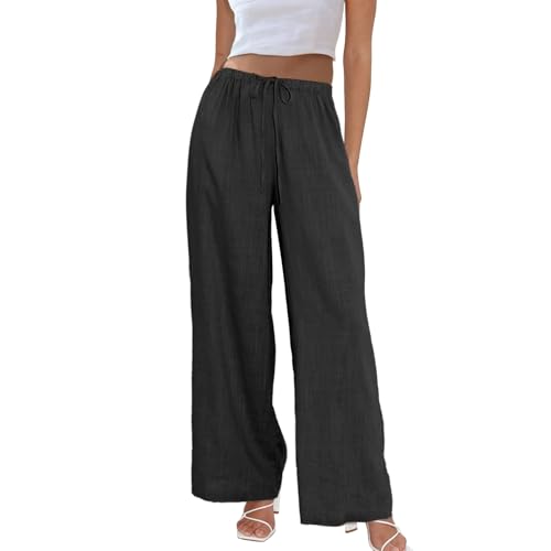 Duyang Womens Cotton Linen Palazzo Pants Drawstring Elastic Waist Casual Wide Leg Trousers with Pockets(Black,XL)