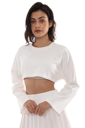 Amazhiyu Womens Cropped Sweatshirt, Solid Long Sleeve Pullover Cropped Short Top Crewneck Oversize Hoodie Casual White S