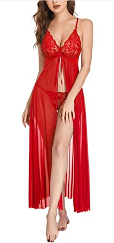 Image of Women's Lace Floral Maxi Babydoll Lingerie | Split Long Mesh Sexy Lingerie for Women | Sleepwear for Women