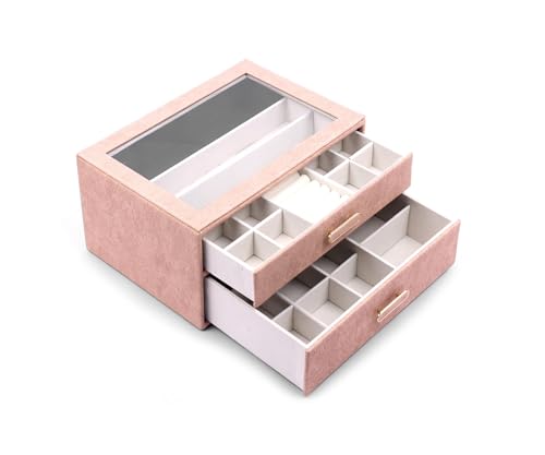 Image of BucketList Premium PU Leather Jewellery Organizer Box with Glass Lid | 2 Pull-Out Drawers Multi-Compartment Storage for Rings, Earrings, Necklaces & Bracelets (2-Layer Jewelry Box (Pink))