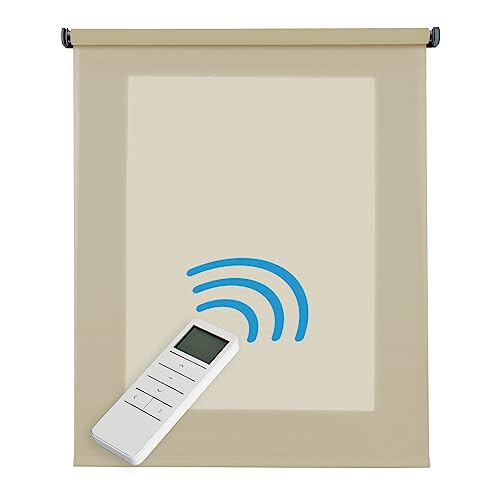 Estor Motorizado Traslúcido Deco, Estor Enrollable Transparente con Motor y Mando, Apariencia Textil Estores Motorizados Automáticos con Batería, Ventanas y Puertas STORESDECO Beige, 100x250 cm