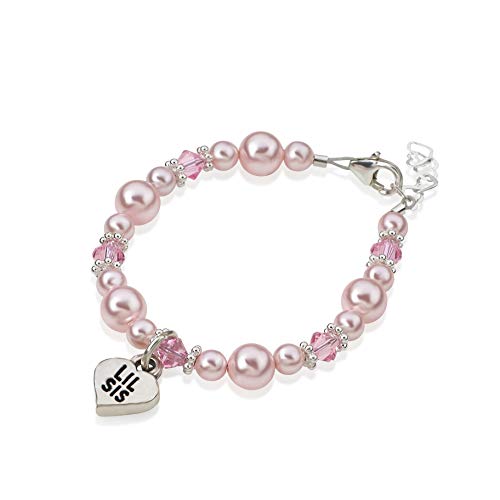 Crystal Dream Elegant Pink European Simulated Pearls Lil SIS Heart Silver Charm Child Girl Bracelet (BLSP_L)