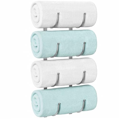 Rolled Towel Rack for Bathroom– 4-Tier Rolled Towel Storage Holder,Metal Organizer for Towels & Large Bath Sheets, Space Saving Rack for Small Bathroom, RV, Camper, Closet, Silver Metal