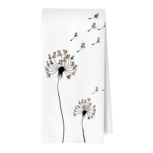 ERYBHKRTYH Australian Shepherd Kitchen Towels, Australian Shepherd Gifts Decorative Waffle Dish Towels, Funny Dandelion Dog Hand Tea Towel, 16x24 Inch